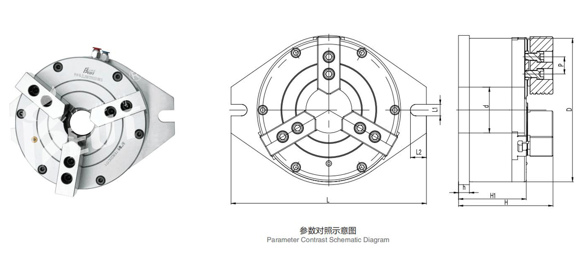三爪立式中空气动卡盘结构尺寸示意图