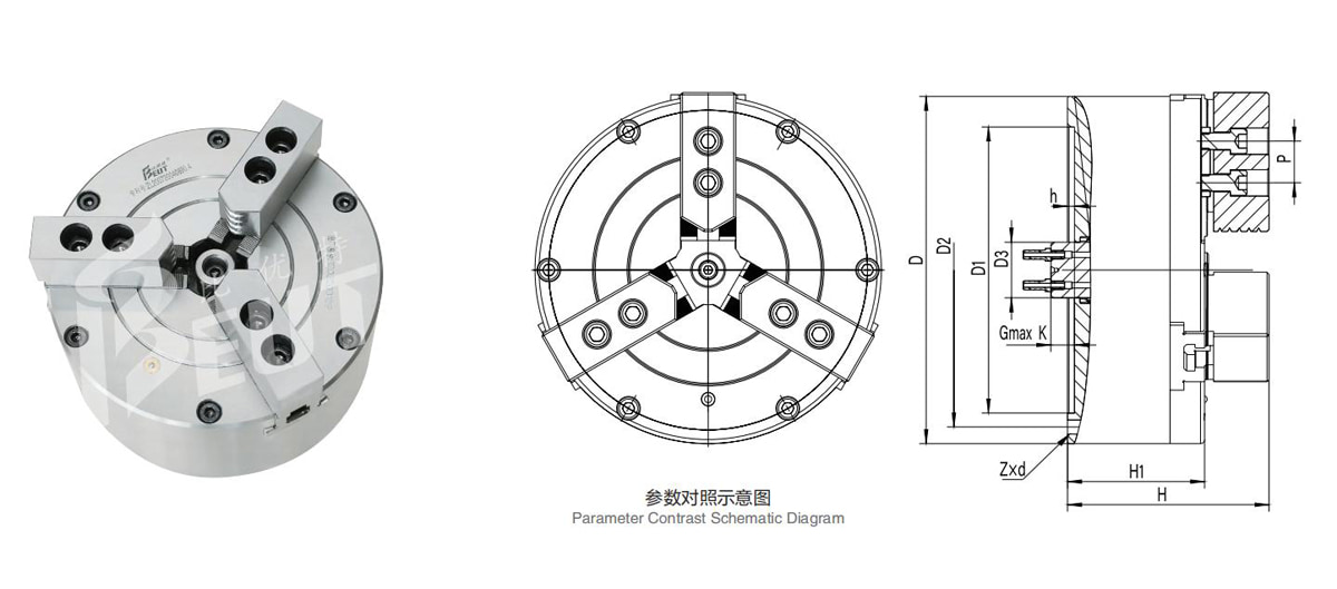 三爪中实气动卡盘结构尺寸示意图