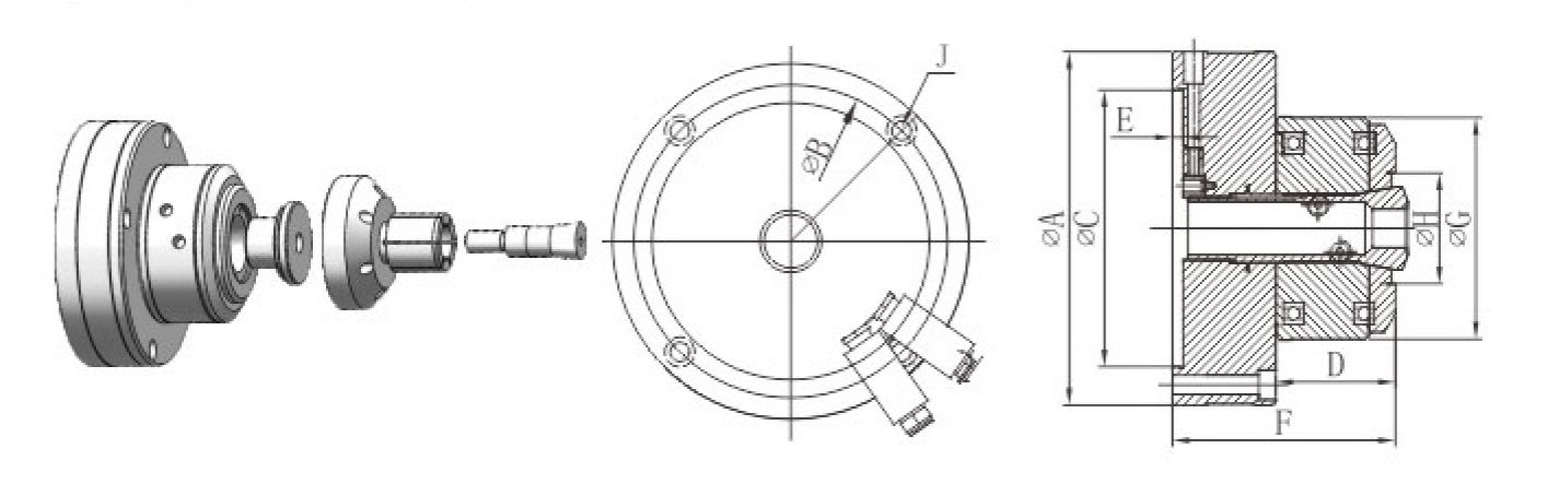 JAB 空压回转型夹头（前推型）尺寸结构图